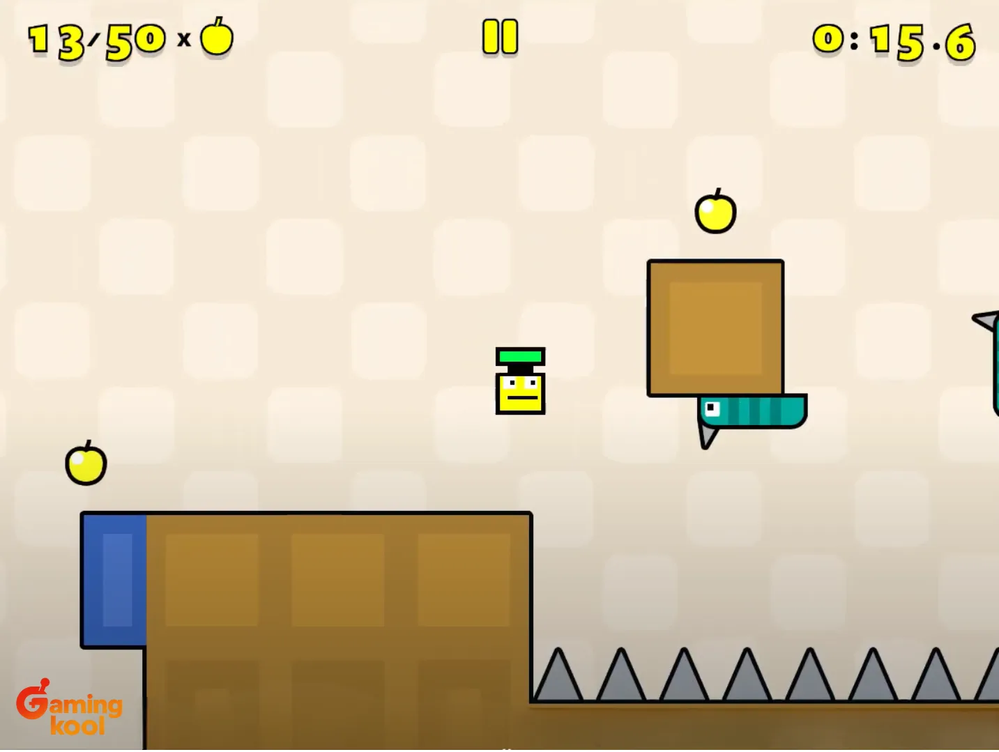 A complex game scene with multiple obstacles, showing the difficulty of later levels