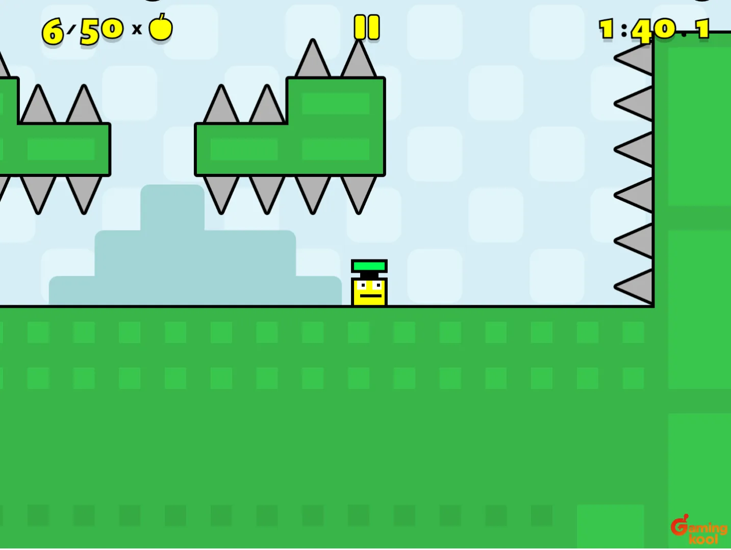 A scene from the game with the character moving on green platforms